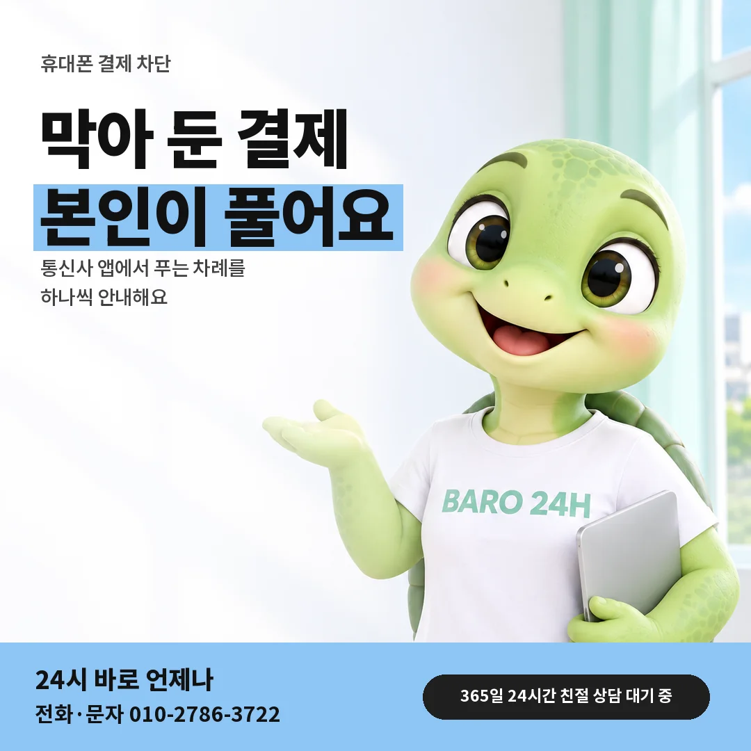 BARO 24H 티셔츠를 입은 3D 거북이 캐릭터 옆에 「휴대폰 결제 차단 풀기」 제목을 얹은 안내 카드