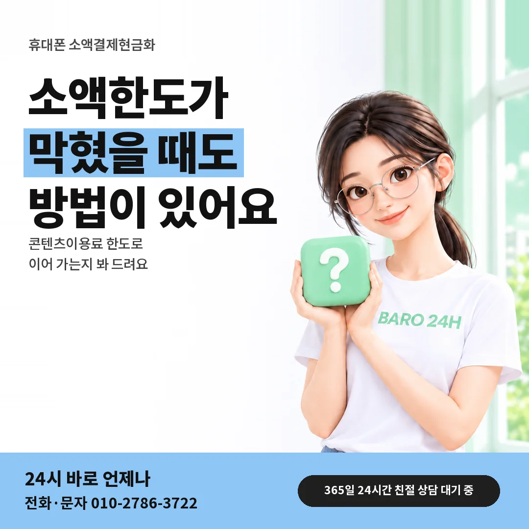 물음표 상자를 든 BARO 24H 티셔츠를 입은 3D 인물 옆에 「휴대폰 소액한도 막혔을 때」 제목을 얹은 안내 카드
